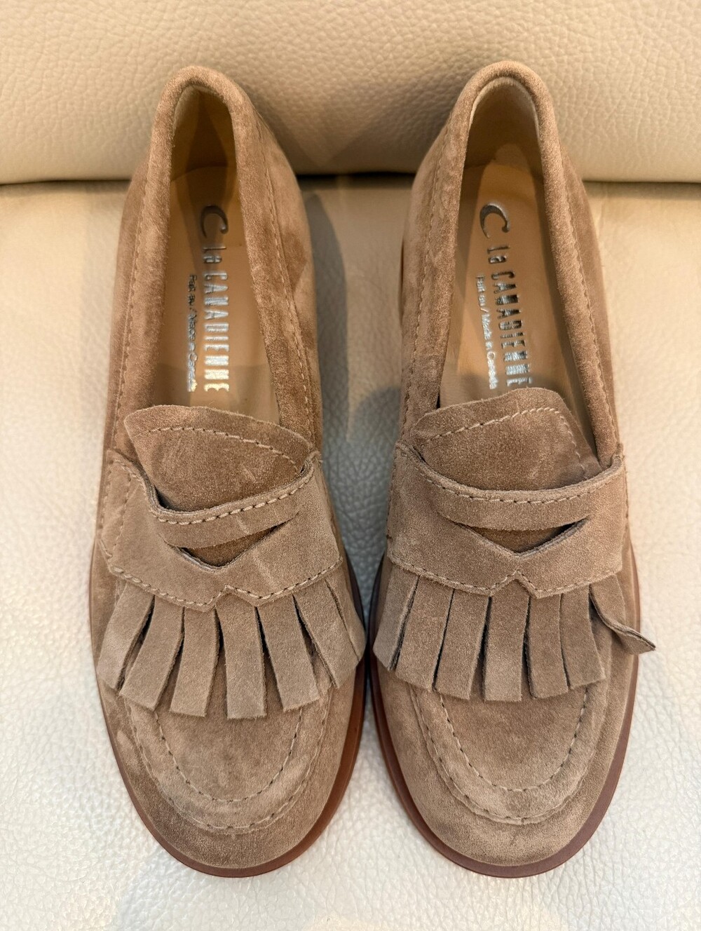 La Canadienne Suede Leather Fringe Beige Loafers
